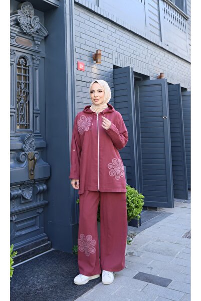 NİSUM MODA Set floral din bumbac și in, cu fermoar