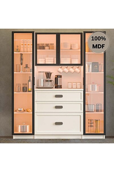 comiet Manolya Mdf Kahve Köşesi Dolabı 4 kapak Çekmeceli Işıklı