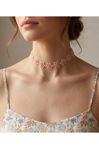 MyBalliStore Pastel Pembe Boncuklu Papatya Choker Kolye