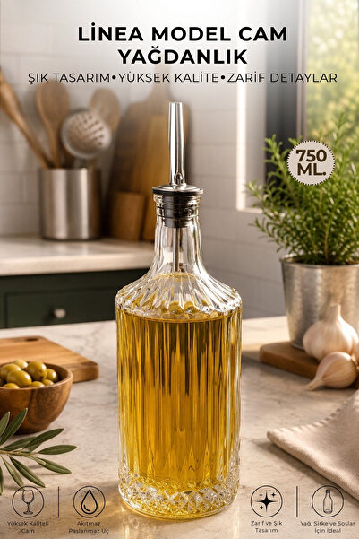 GİNZAMAİSON 750ml. Linea Model Glass Oil Pot Stainless Spill-Proof Bottle wit...