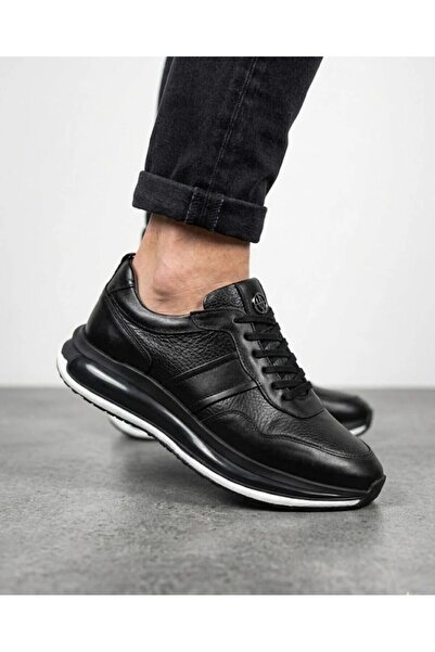KİRWE Black Genuine Leather Orthopedic Air Sole Casual Sneaker Shoes