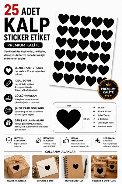 Organizasyon Pazarı 25 Adet Siyah Kalp Sticker Etiket 4 cm Dekoratif Kalp Yap...
