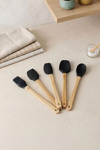 Kitchen Life 5-Piece Silicone and Bamboo Handle Kitchen Utensil Set - Spatula...