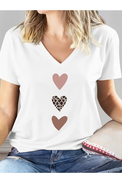 puolikuu Tricou cu decolteu în V, confortabil, cu imprimeu mixt, pentru femei