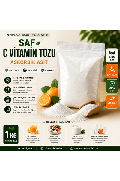 Meteksan %100 Saf C Vitamini Tozu (Askorbik Asit) | Gıda Tipi | Katkısız | 1 KG
