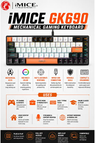 iMice لوحة مفاتيح ميكانيكية للألعاب GK690 سلكية بإضاءة RGB ومنفذ USB، لوحة مفاتيح كاملة الحجم للكمبيوتر والكمبيوتر المحمول والاستخدام المكتبي