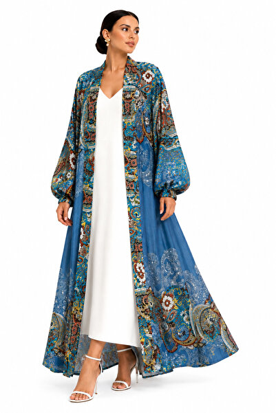 Marever Fashion Mavi Desenli İpek Vual Kimono Kaftan – Uzun, Hafif, Akışkan Y...