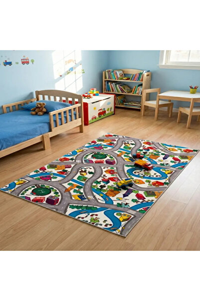 RugKids Çocuk Halısı-Trafik Desenli -Yıkanabilir-Silinebilir-Kolay Temizlenir- Kaymaz Tabanlı - Özel Ölçü
