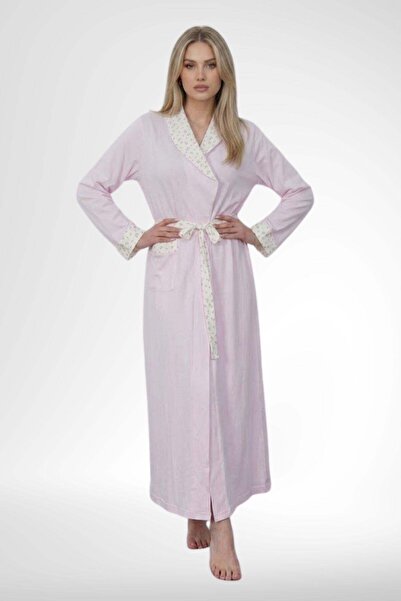 Mecit Pijama Mecit 6382 Pembe Kadın Uzun Sabahlıklı Uzun Kollu Gecelik Takım