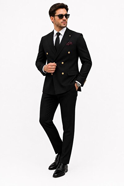 NRN Siyah Kruvaze Erkek Takım Elbise Gold Düğmeli Slim Fit Damatlık & Özel Gü...