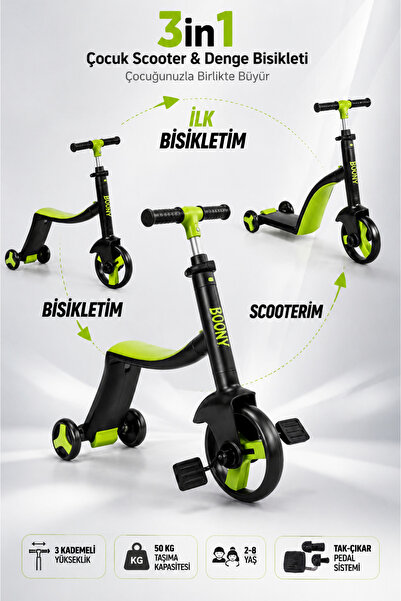 YILDIRIM OYUNCAK 3in1 Çocuk Scooter & Pedallı Denge Bisikleti – 2-6 Yaş Ayarl...