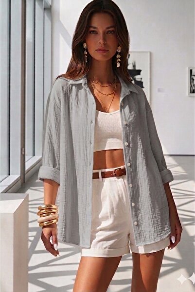 CAST COLLECTİON Women's Gray Wrinkled Fabric Oversize Shirt