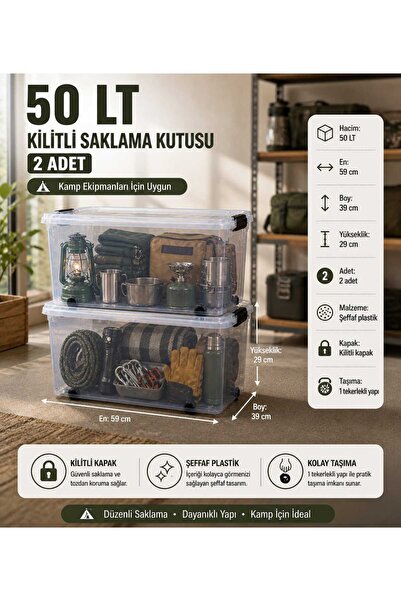 biedda 2 Adet 50 LT Tekerlekli Kilitli Ev Mutfak ve Kamp Saklama Kutusu Şeffaf Plastik Organizer Düzenleyici Kutu