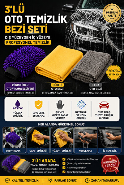 Muggio 3’lü Profesyonel Oto Temizlik Seti Mikrofiber Eldiven + Güderi Bez + T...