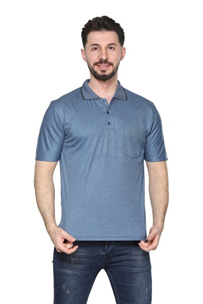 KZC TEKSTİL Blue Men's Dad and Middle-Aged Combed Cotton Collared Pocketed Ox...