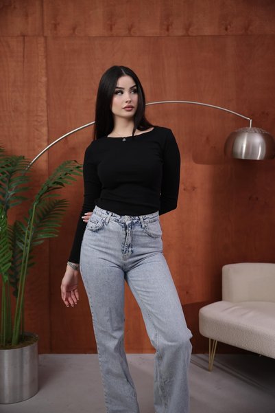 THE WESS WESSGROS Tricou negru cu mânecă lungă, slim fit, din material elastic, pentru femei