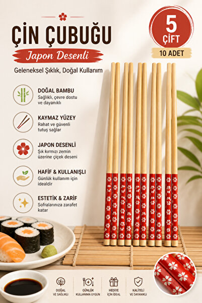 TBYSHOP Bambu Chopstick 5 Li Desenli Yıkanabilir Çin Suşi Ramen Noodle Yemek ...