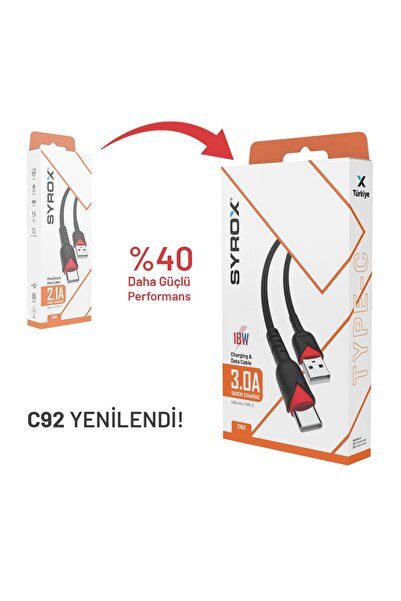 Syrox C92 3.0A 18W USB-A'dan Type-C'ye Örgülü Şarj Kablosu