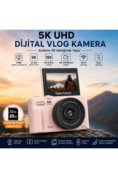 ROBEVE 5K UHD 75MP Dijital Fotoğraf Makinesi Vlog Kamera – 18X Dijital Zoom, ...