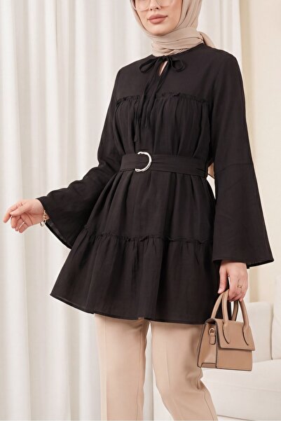Modamorfo Spanish Sleeve Cupra Tunic with Lace-Up Collar and Buckle Belt - Da...