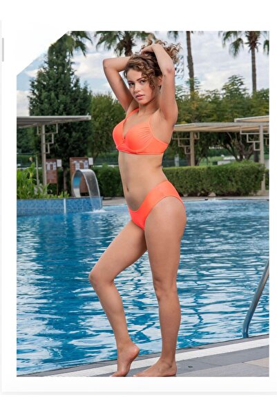 bazin Fosforlu Turuncu Bikini Takım