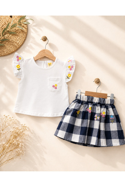 air baby Baby Girl Floral Embroidered Plaid Skirt Summer 2-Piece Set for Holi...