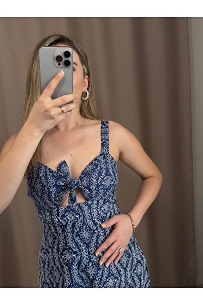 AlisBoutique Fisto Nakışlı - güpürlü Askılı Elbise