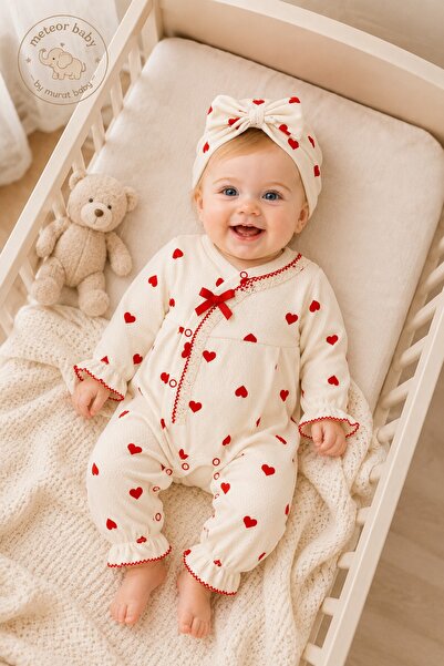 METEOR BABY Kız Bebek Kalp Desenli Tulum Şapkalı Mevsimlik Takım 0 3 6 Aylık