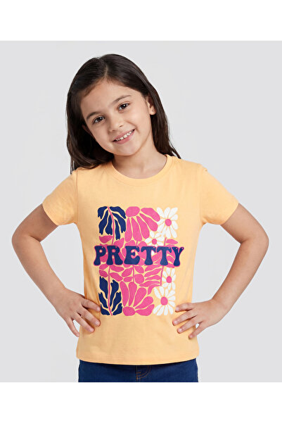 Pine kids Cotton Kit Half Sleeves T-Shirt with Floral Print - Light Orange