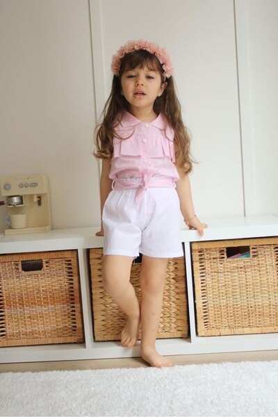 Asortix Iz Children's Striped Ruffle Shirt and White Shorts Set-Jlb-111