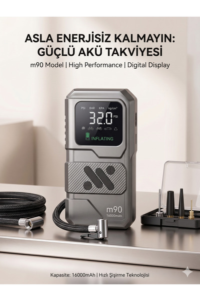 M90 Çok Fonksiyonlu 16000mAh Araç Akü Takviye Cihazı, Dijital Ekranlı Hava Ko...
