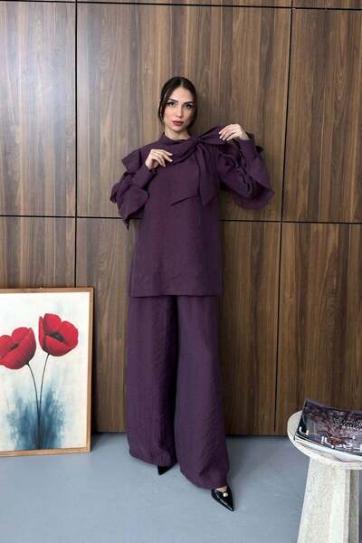 Esma Gündoğdu طقم روزا بتفاصيل مفصلة باللون البرقوق
