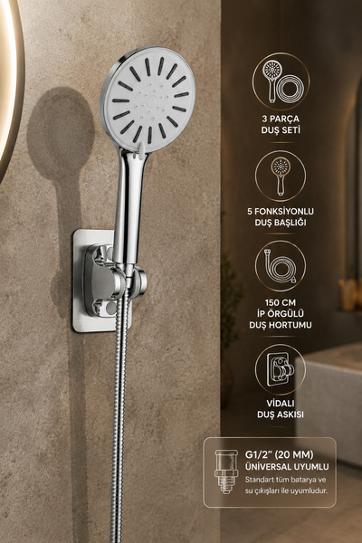 Plodna House 3 Parça Duş Seti 5 Fonksiyonlu Duş Başlığı Güçlü Su Akışı 150 Cm...