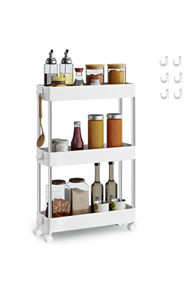 SONGMICS Narrow Storage Cart with 3 Levels, Wheels, and Hooks, 42x14x61 cm, W...