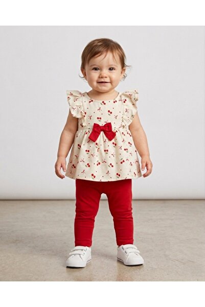 VOY KİDS Baby Girl Summer Cherry Printed Muslin Blouse and Leggings 1-2-3 Yea...