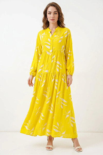 Generic Brand Women's High Collar Gathered Waist Floral Patterned Viscose Yel...