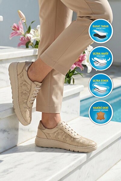 AYAKMOD Beige Genuine Leather Women's Casual Shoes 12506 Z