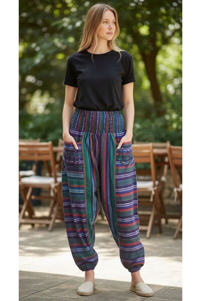 Fibula Otantik standart beden çok renkli çizgili pamuk ithal pantolon 36-46 b...