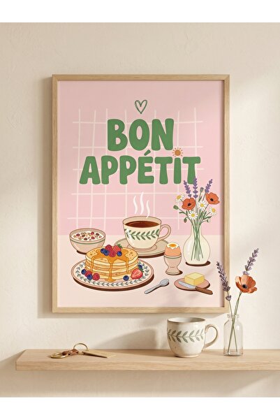 DEKORASOR Bon Appetit Kahvaltı Temalı Ahşap Tablo Pankek ve Kahve İllüstrasyo...