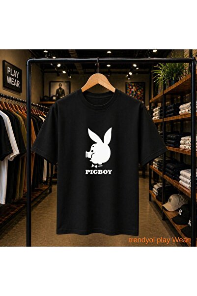 playwear تي شيرت Pıg Boy مطبوع على الصدر مصنوع من القطن بنسبة 100%، مقاس كبير...