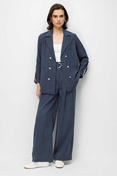 Mixray 4833 Women's Blazer Jacket Palazzo Trousers Two-Piece Set Navy Blue