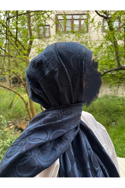 shalby Hijab Cotton Soft Textured Big Loop Pattern Jacquard Shawl Navy Blue