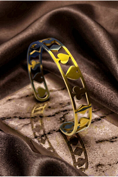Velcari Women's Playing Card Figured Gold Color Cuff Bracelet with Heart Clov...