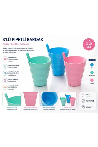 GÜZELYÜZ AVM 3'lü Pipetli Plastik Bardak Renkli Bardak Seti