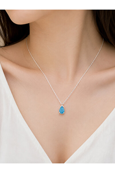 Frost Jewellry 925 ayar mavi damla taşlı gümüş kolye