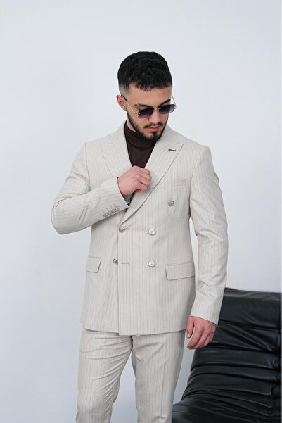 Dupont Slim Fit Erkek Sivri Yaka Çizgili Kruvaze Takım Elbise