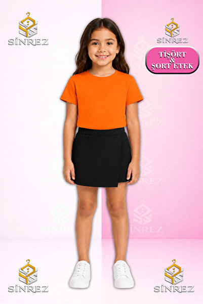 SİNREZ Girl's Set Plain Short Sleeve T-Shirt Shorts Skirt