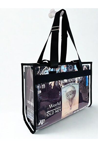 MORA BAG Şeffaf Çantalı Taşıma Çantası Gazete Desen 1/ Siyah