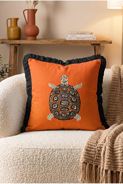 IdeCraft Patterned Shell Turtle Motif Fringed Throw Pillow Cover - Bohemian C...