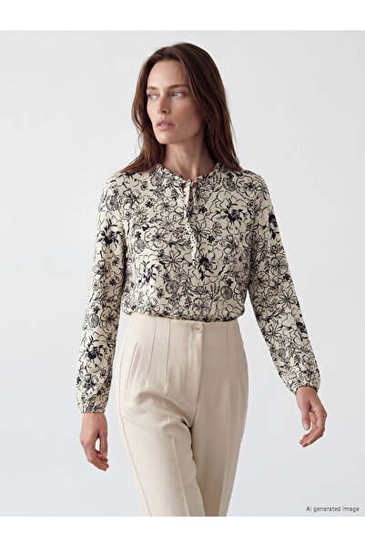 LC Waikiki Beige Tie Neck Floral Blouse